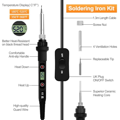 Soldering Iron Kit 80W LCD Adjustable Temperature 180-520°C, 13 in 1 Electric Soldering Iron Kit Welding Tool, Solder Wire, 5 Soldering Tips, Desoldering Pump, Wire Stripper Cutter, Stand, Tweezer