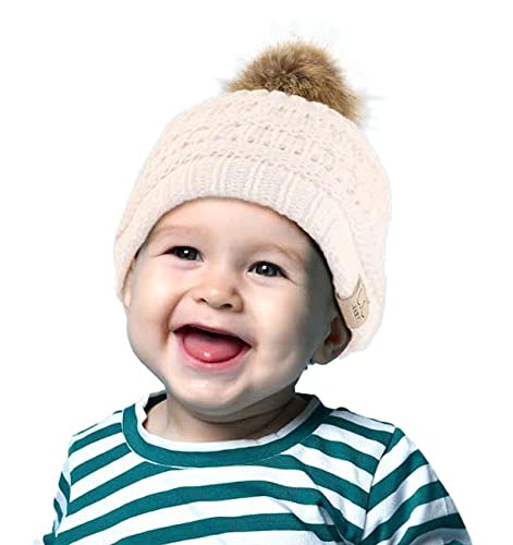 C.c Kids' Babies' Soft Stretch Cable Knit Faux Fur Pom Pom Beanie Hat, Ivory #TOP1