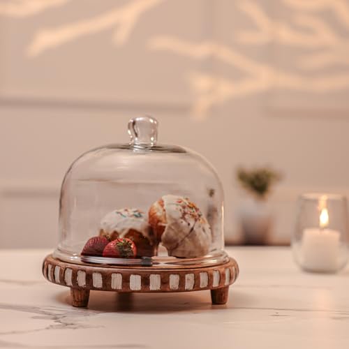 Image of Sugar Sphere Acacia Wood Cake Stand with Glass Dome | Cake Plate with Dome Lid | Multipurpose Serving Stand for Wedding Birthday Parties | Dessert Display