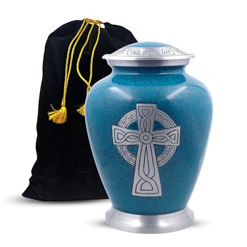 Image of Celtic Cross Engraved Cremation Urn for Human Ashes - Large Aluminum Funeral Urn for Adults (200 Cu in) - Handmade Memorial Urn with Velvet Bag - Durable Granite Finish Tribute Keepsake Urn