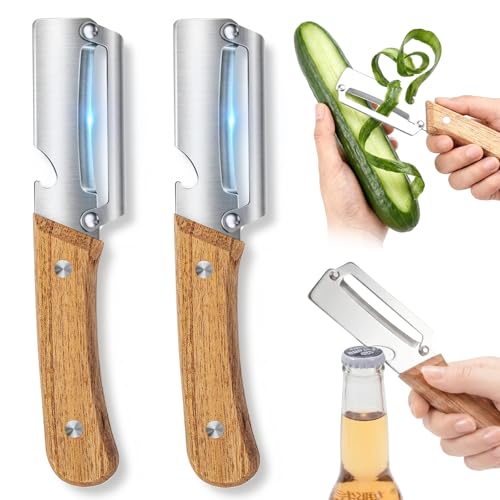 2PCS Multi-Functional Vegetable Peeler for Kitchen 2-in-1 Veg Peeler with Bottle Opener Stainless Steel Blade and Ergonomic Wooden Handle Effortlessly Peels Potatoes Carrots Pumpkins (2PCS)