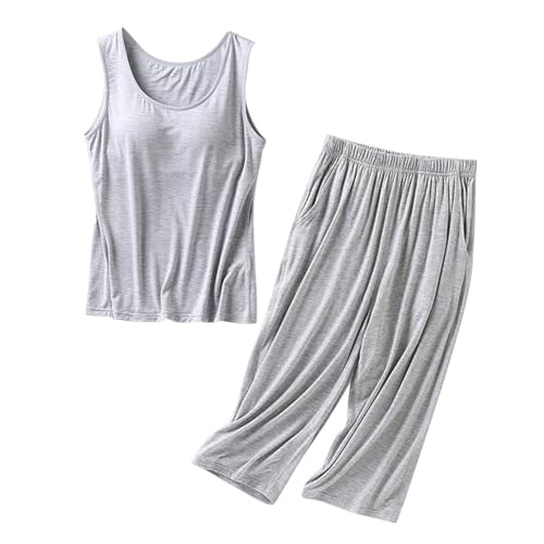 Pyjama d'été femme avec brassière intégrée et pantalon large en fluide uni