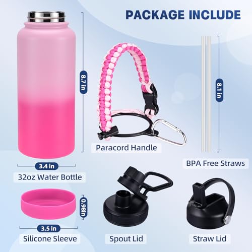 Image of Insulated Water Bottle, 32 oz Stainless Steel Wide Mouth Water Bottles with 2 Leak Proof Lid and Paracord Handle, Double Wall Vacuum Insulated Sports Water Bottle, Hot Pink