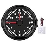 Medidor de reloj de esfera universal, 2 pulgadas / 52 mm Instrumento de calibre de reloj 0-12 Contador de horas Luz de fondo roja para coche, barco, yate, motocicleta(Esfera negra Marco negro)