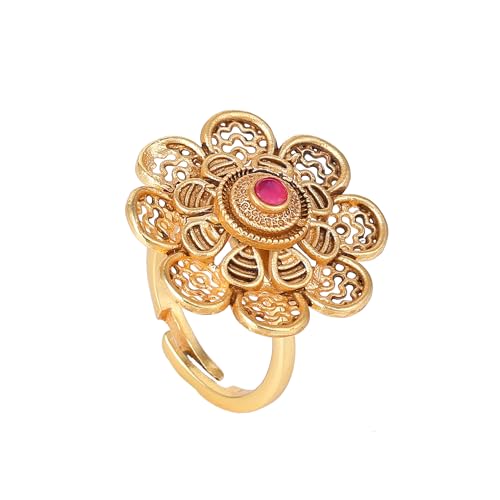 Estele Fashion Jewellery Finger Rings for Women Gold Plated Gilded Floral Design Exquisite Matte Finish Emerald Stone Adorned Adjustable Finger Ring for Girls and Women-AD-149-IGRB RING (B0D815XM1D) Amazon Price History, Amazon Price Tracker