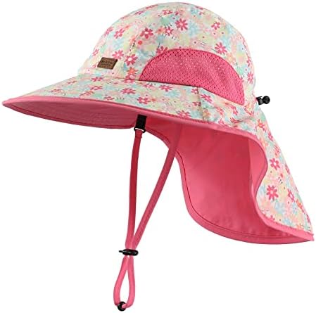 LLmoway Girls Sun Hat with Flap Strap Mesh Lightweight Adjustable Beach Travel Hat Pink 6-12Years