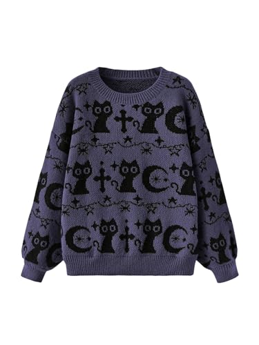 Image of WDIRARA Women's Goth Cartoon Pattern Sweater Long Sleeve Crewneck Knit Pullover Top