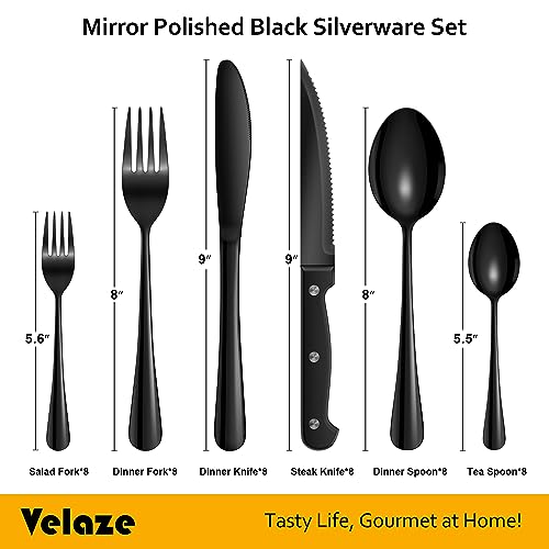 Velaze Cutlery Set for 8 People, 48-Piece Black Knife and Fork Sets, Stainless Steel Flatware with Steak Knives, Mirror Polished, Dishwasher Safe Minimalist Packaging