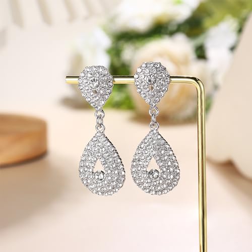Jstyle 4 Pairs Silver Clip on Earrings for Women Elegant Rhinestone Clip on Earrings Dangle Drop for Brides Bridesmaids Non Pierced Earrings Set4