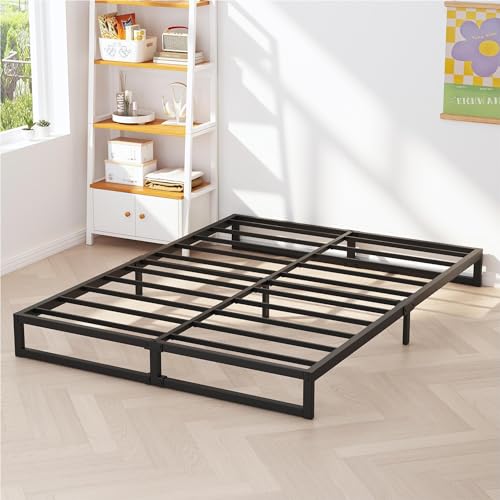 Richwanone Base de cama tamaño King de 5 pulgadas, base de colchón de plataforma de metal con soporte de listones de acero, no necesita somier, fácil montaje, color negro
