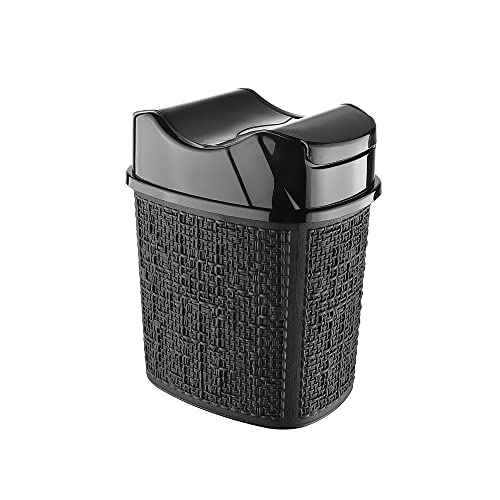 Inbagno Cestino Bagno in plastica con Doppio Coperchio Basculante, Design Moderno con Motivi a Intreccio, capienza 5 lt (Nero)