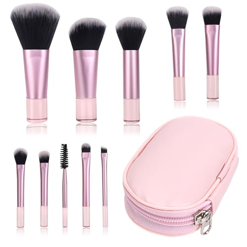 Mini Set de Pinceles de Maquillaje, 10 Piezas Portátil de Viaje Con Bolsa de PU, Conjunto Cosmético Brochas (Rosa)