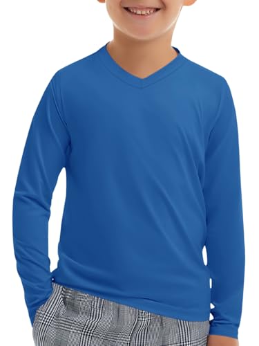 Haloumoning Jungen V-Ausschnitt UV Shirt UPF 50+ Kinder Schnelltrocknend V-Neck Langarmshirt Weich Einfarbig T-Shirt Langarm Königsblau 7-8 Jahre