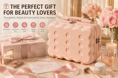 Image of BLUE BEADS Travel Makeup Case with Lock & Luggage Strap, ABS Hard Shell Cosmetic Vanity Case, Portable Makeup Organizer for Women, Beauty Storage Box for Makeup & Toiletries (Blush Peach, Model 2)