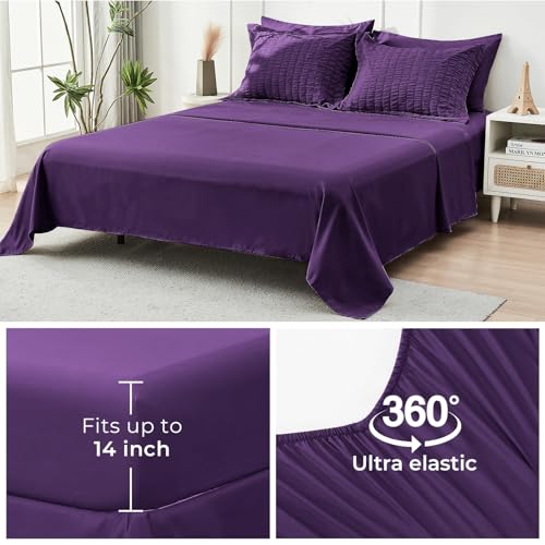 Image of HYMOKEGE Dark Purple Full Size Comforter Sets Seersucker 7 Pieces, All Season Luxury Bed in a Bag for Bedroom, Bedding Set with Comforter, Sheets, Pillowcases & Shams
