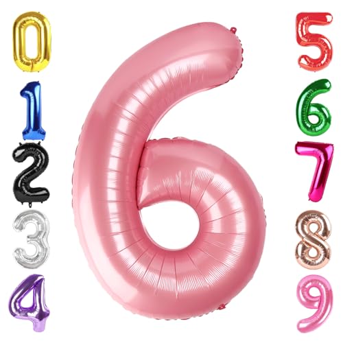 Image of 40 Inch Pastel Pink Number 6 Balloon, 6th Birthday Party Decorations