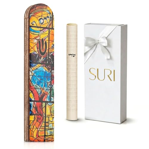 SURI Wooden Mezuzah Case for Door – 5 Inch Yellow Chagall-Inspired Mezuza Cover with Printed Scroll, Self-Stick Adhesive, Fits a 4 Inch Scroll, Gift Box Included