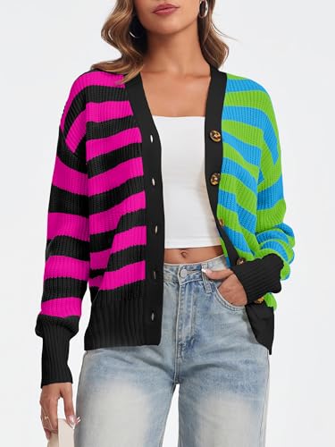 Image of Saodimallsu Womens Striped Cardigans Color Block Button V Neck Open Front Ribbed Knit Loose Trendy Sweater Coats