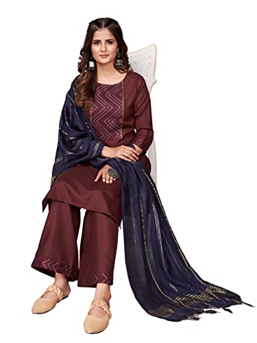 Image of Vbuyz Women's Cotton Blend Solid Straight Stitched Kurta Palazzo with Dupatta (VF-KU-1881-SKD-38 Maroon Medium)