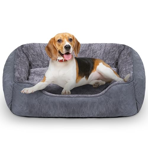 Oveppy Dog Bed Medium, Super Soft Rectangle Dog Beds, Washable Warming Pet Bed with Anti-Slip Bottom, Anti-Anxiety, Machine Washable, Grey, 25 x 21 x 8inch