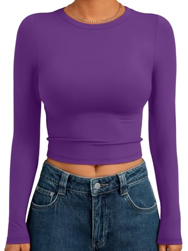 Trendy Queen Womens Long Sleeve Crop Tops Basic Slim Fitted Shirts Spring Fashion Outfits 2026 Teen Girl Clothes Purple M