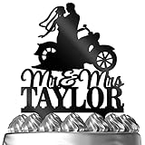 Bride & Groom Riding A Motorcycle Chopper HD Bike Mr Mrs Biker Personalized Wedding Cake Topper Customized Last Name | Solid Color Cake Toppers