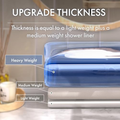 Image of AmazerBath No Hook Shower Curtain and Liner 3-in-1, Luxury Heavy Duty Clear Blue No Hook Shower Liner, 72x75 100% EVA Hookless Shower Curtain with 3 Heavyweight Stones