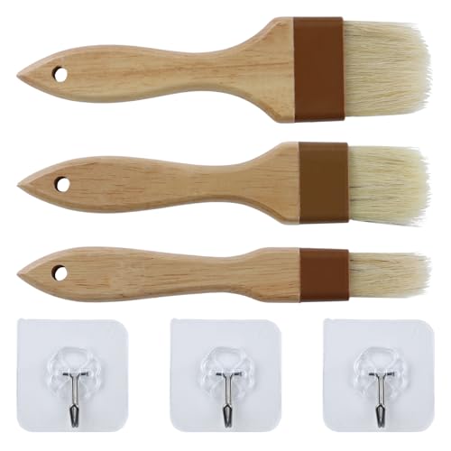 3 pinceles para hornear, pinceles de cocina, pinceles de barbacoa, cerdas naturales, para hornear, basting, cepillo de aceite, resistente al calor, mango largo de madera para pastelería, barbacoa