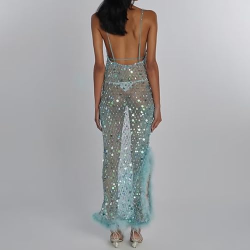 SOLILOQUY Women Sequin Maxi Dress Fearther Trim Spaghetti Strap Glitter High Slit Evening Robe Summer Beach Cover-up Dress3