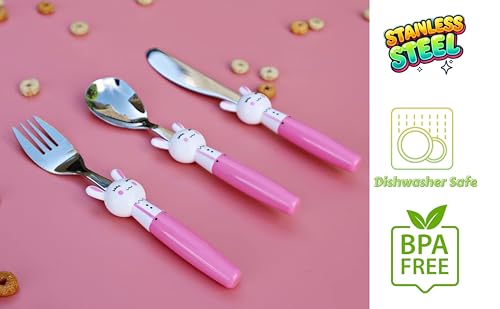 Exzact Children's Cutlery Stainless Steel 6pcs Set/Kids Cutlery/Toddler Utensils/Flatware - 2 x Forks, 2 x Safe Dinner Knives, 2 x Dinner Spoons (Rabbit x 6)