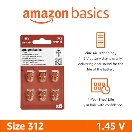 Image of Amazon Basics 60-Pack Hearing Aid Batteries Size 312, 1.45 Volt, Zinc Air Technology, Long-Lasting, 4-Year Shelf Life, Mercury Free, Brown Tab, Child-Safe Package