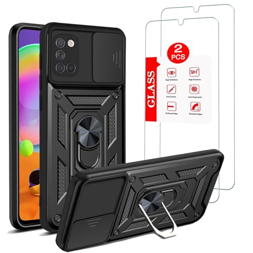 Anvzle for Samsung Galaxy A31 Case with [2 Pack] Tempered Glass Screen Protector, Galaxy A31G Case [Military-Grade] Protective?with Lens Protects Magnetic Kickstand Car Mount Holder Phone Case (Black)