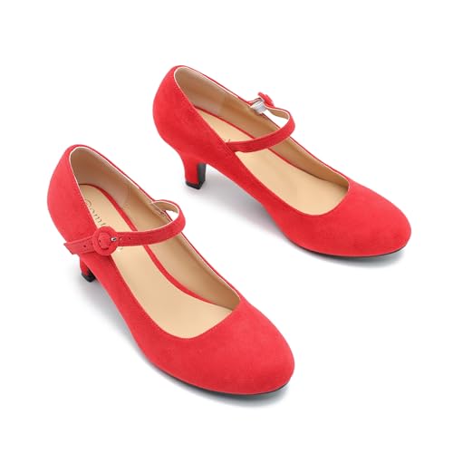 Image of Women's Vintage Mary Jane Shoes Dress Comfortable Low Kitten Heels Ankle Strap Closed Round Toe Office Work Wedding Pumps