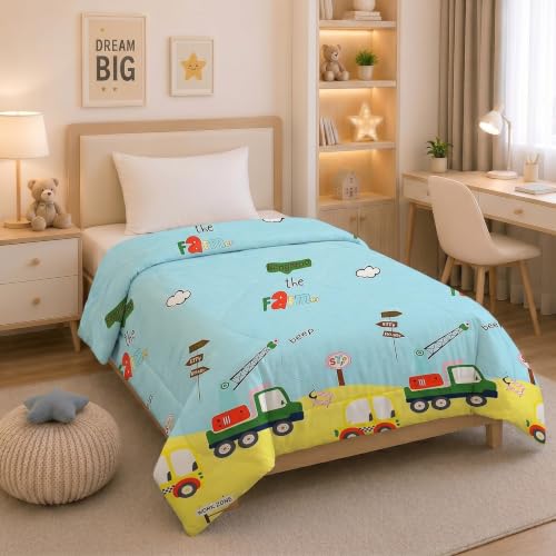 Image of Filymore Cute Car Comforter for Kids Boys - Cute Cartoon Print Single Bed Blanket, Microfiber Dohar for Boys & Girls | Soft Kids Winter & Summer Quilt |60x90 Inches (Leamon and SkyBlue)