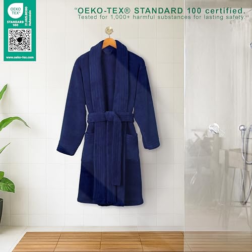 Image of American Soft Linen Women's Fleece Bathrobe - Luxury Soft, Plush, Fuzzy & Warm Turkish Robe for Women, Cozy Spa Quality Adult Bathroom Lounge Robe, Navy L