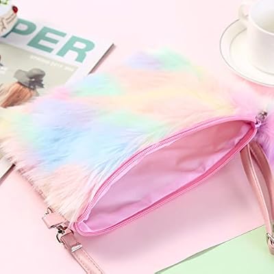 JHVYF Girls Kids Fuzzy Bag Plush Shoulder Bag Tie Dye Rainbow Crossbody Purse Wallet Children Toddler Purple