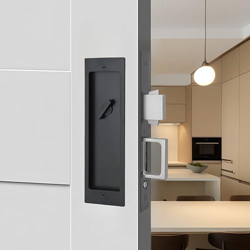 Hoconnie Pocket Door Privacy Lock,Recessed Handle Latch,Invisible Finger Flush Pulls with Edge Pull for Pocket Doors, Folding&Sliding Doors(Black) by Hoconnie - Used condition - US$12.99
