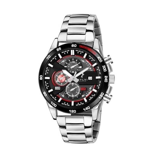 Sylvi Timegrapher Black Silver Case Silver Stainless Steel Strap Analog Watch for Men with Calendar Stop Watch Time Display