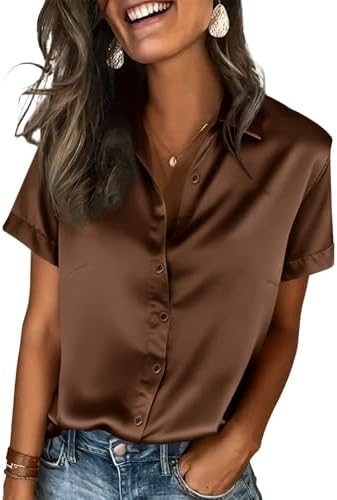 Tankaneo Damen Button Down Bluse V Ausschnitt Kurzarm Einfarbig Satin Blusen Sommer Lässige Oberteile