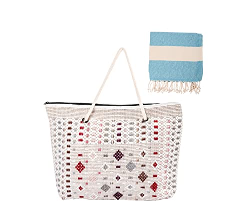 Bolsa de playa con cierre de cremallera + 1 toalla de playa de algodón gratis, asas de cuerda bohemia, bolsa de playa para mujer, gimnasio, yoga, viajes familiares, vacaciones, picnic, piscina, Ivory Cover