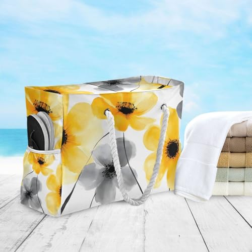Beach Bag Floral Gray Yellow for Women Large Beach Tote Bag with Zipper for Travel Vacation4