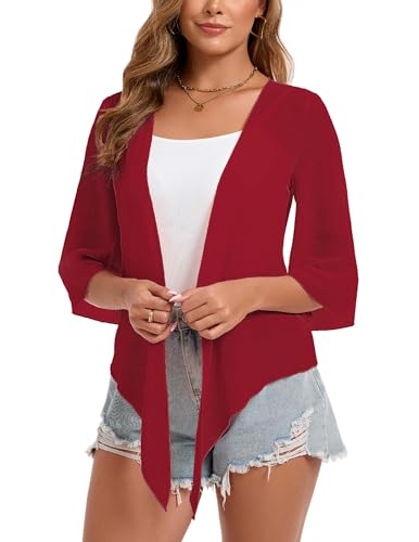Dosieyeo Boléro pour femme - En mousseline de soie - Manches 3/4 - Léger et aéré - Élégant - Veste d'épaule pour robe, rouge bordeaux, L
