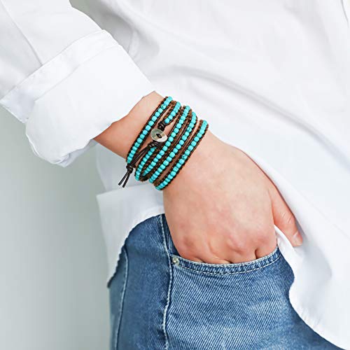 Miss Rabbit Boho Layered Leather Handmade Bracelet, Natural Stone Beaded 5 Wrap Bracelets for Women Blue Turquoise Beads Bohemian Bracelet Jewelry4