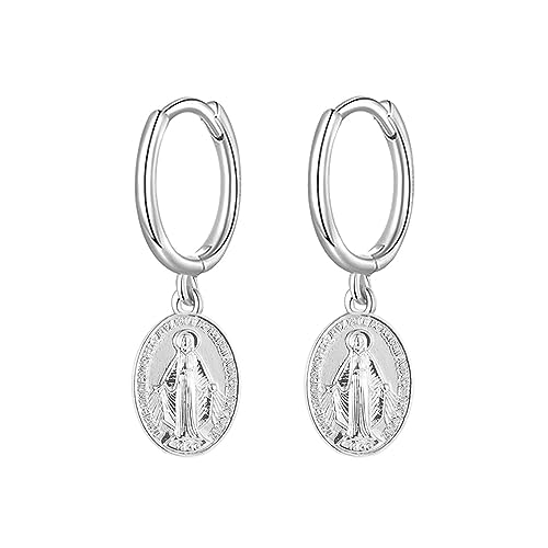 Dangle Virgin Mary Small Huggie Hoop Earrings for Women Teen Girls Cross Faith Oval Drop Hoops Earring Hypoallergenic Cuffs Fashion Jewelry Gifts