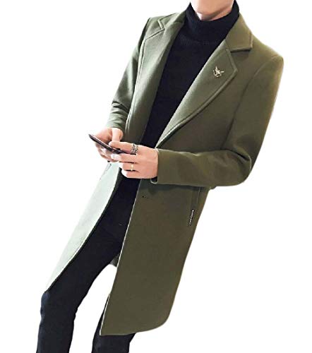 hower Mens Woolen Single Breasted Wool Blend Overcoat Outdoor Pea Coat Business Jacket Army Green XS