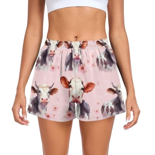 UMIRIKO Cute Cows Pink Athletic Shorts for Women with Pockets S 202a7264