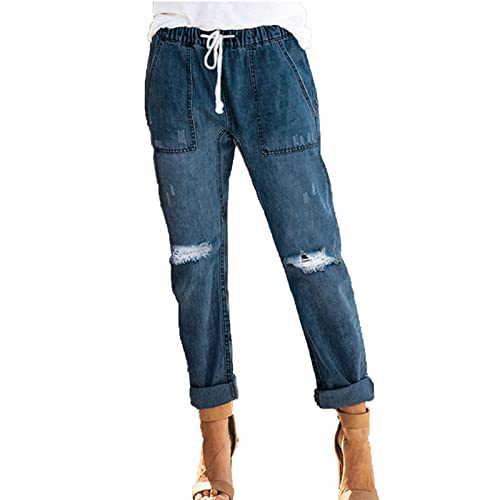 Maiyifu-GJ Women Pull On Distressed Denim Joggers Relaxed Fit Ripped Straight Leg Jeans Mid Rise Elastic Waist Boyfriend Jean (Blue,Small)