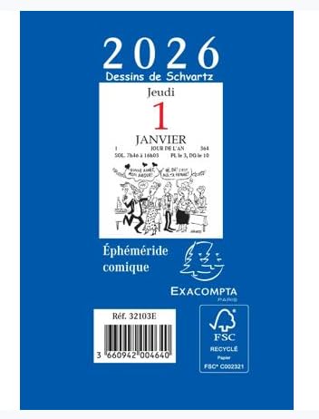 Exacompta Bloc Ephéméride Comique 6,5 x 9,7 cm Janvier 2026 Décembre 2026