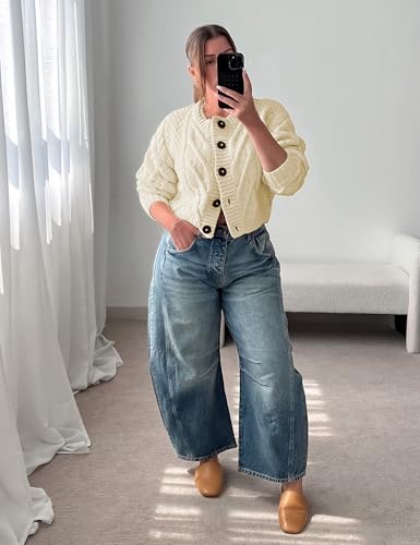 Zhiyouni Women's Cropped Cardigan Sweater Chunky Cable Knit Long Sleeves Button Down Coat2