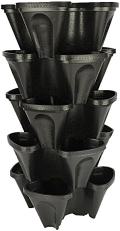 5-Tier 13 inch Strawberry and Herb Garden Planter - Stackable Gardening Pots with 10 Inch Saucer (Black)
